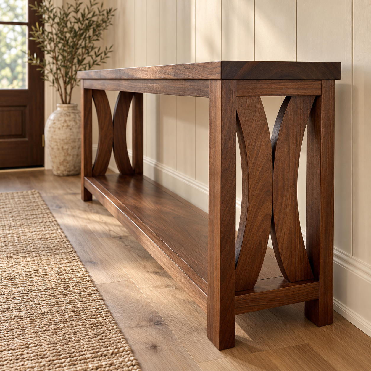 Custom mahogany console table with sculpted supports, built by Luke’s Furniture Company.