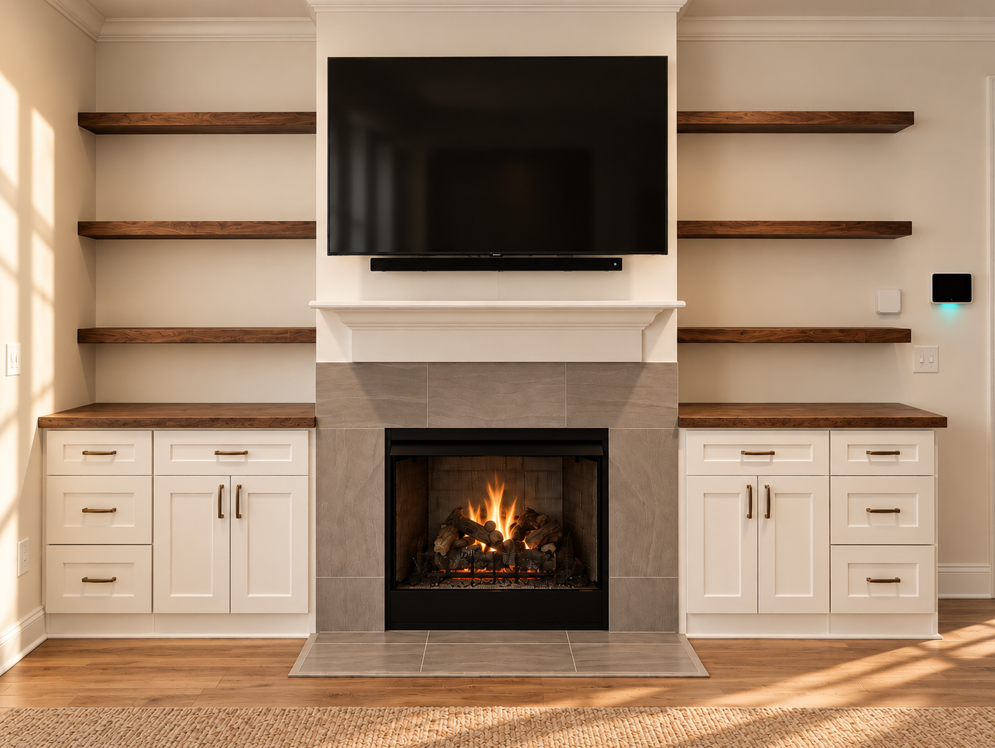 Built-in cabinetry and floating shelves.