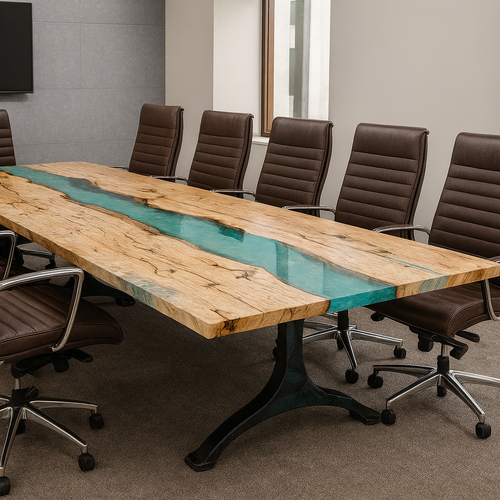Conference table with spalted wood and a blue river detail.