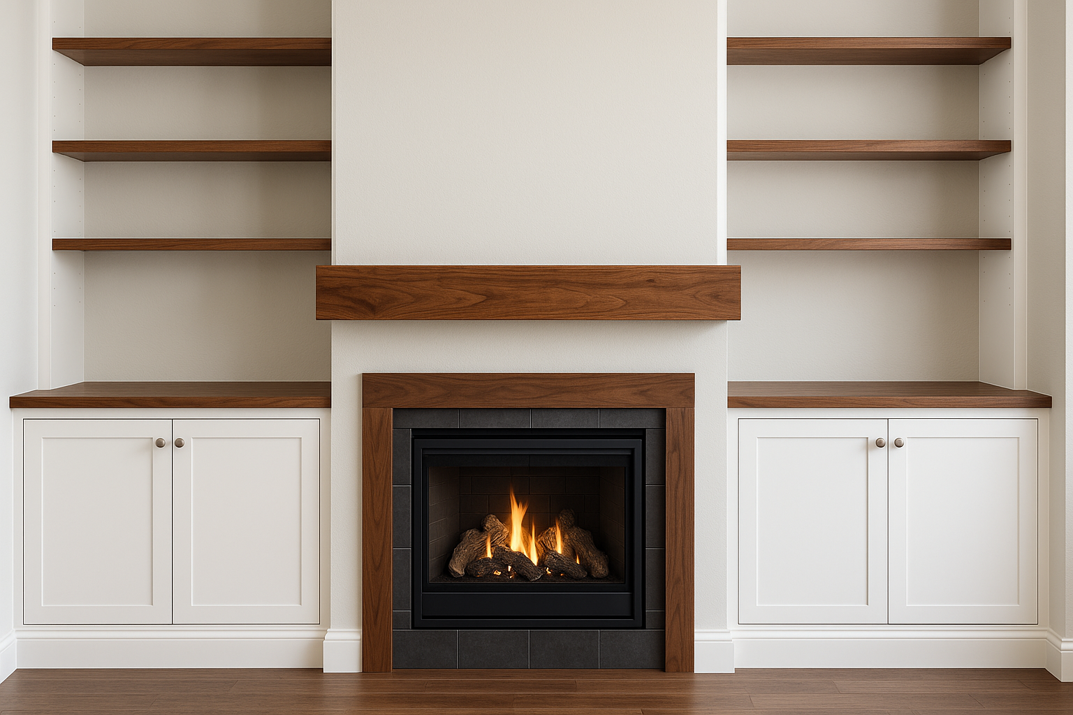 Walnut Mantle with Walnut Floating Shelves and Countertops